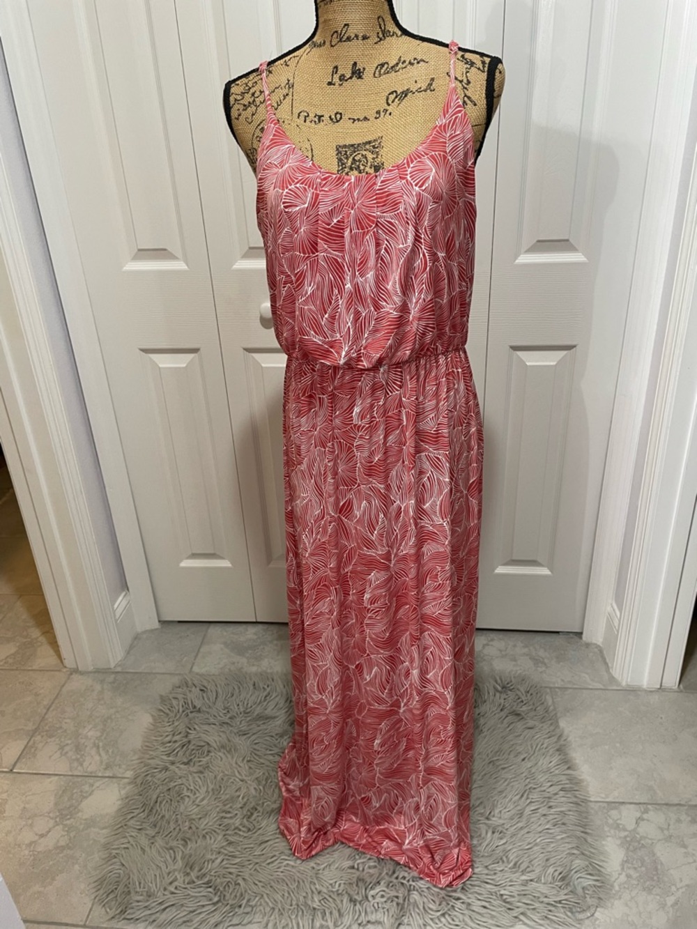 Red Leaf-Print Spaghetti-Strap Maxi Dress